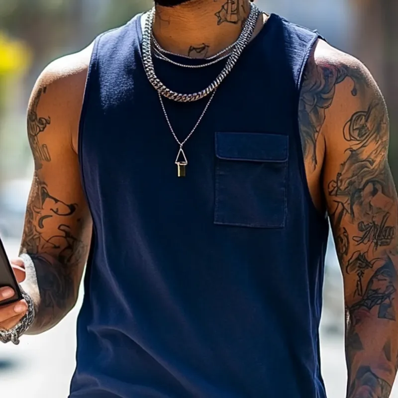 Men's Fashion Round Neck Sleeveless Flap Pocket Tank Top MTA1623E6Z sold by Manly product image thumbnail 3