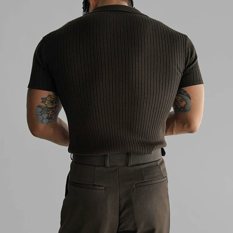 Men's Solid Knit Striped Lapel Short Sleeve Polo Shirt MTA1606E1Z sold by Manly product image thumbnail 4