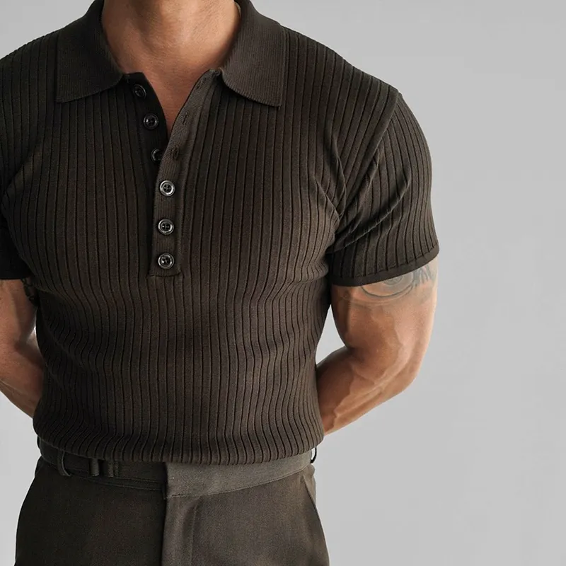 Men's Solid Knit Striped Lapel Short Sleeve Polo Shirt MTA1606E1Z sold by Manly product image thumbnail 3