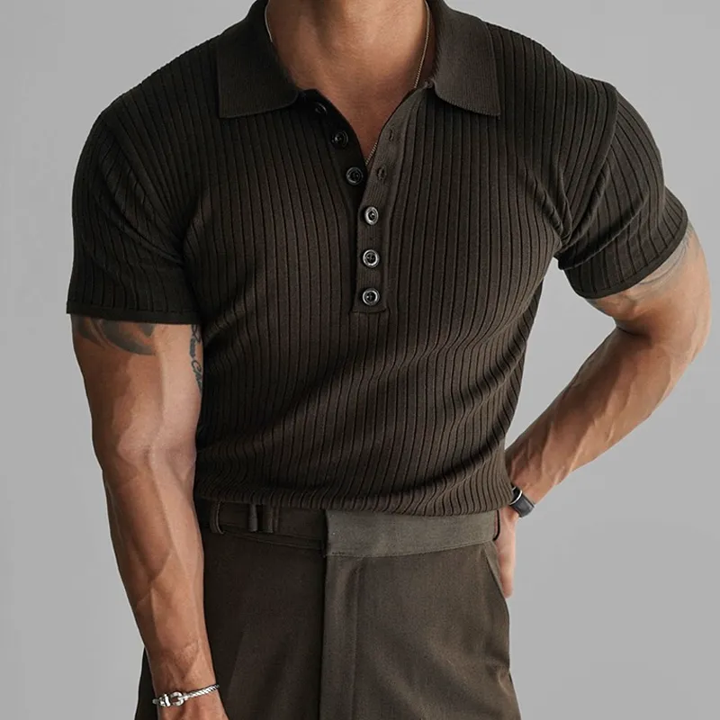 Men's Solid Knit Striped Lapel Short Sleeve Polo Shirt MTA1606E1Z sold by Manly product image thumbnail 2