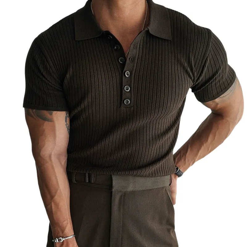 Men's Solid Knit Striped Lapel Short Sleeve Polo Shirt MTA1606E1Z sold by Manly