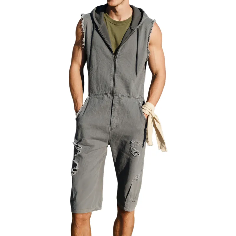 Men's Fashion Solid Hooded Sleeveless Shorts Rough Edges Outdoor Cargo Jumpsuit MTA1509E7Z sold by Manly