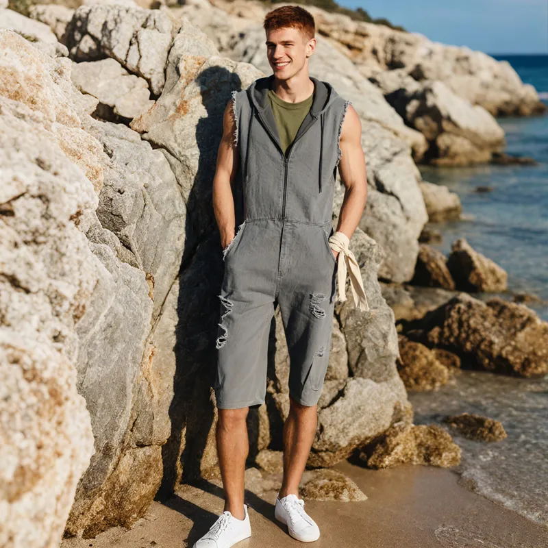 Men's Fashion Solid Hooded Sleeveless Shorts Rough Edges Outdoor Cargo Jumpsuit MTA1509E7Z sold by Manly product image thumbnail 5
