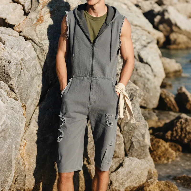 Men's Fashion Solid Hooded Sleeveless Shorts Rough Edges Outdoor Cargo Jumpsuit MTA1509E7Z sold by Manly product image thumbnail 2