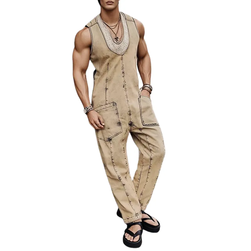 Men's Fashion Distressed U Neck Sleeveless Cargo Jumpsuit MTA1595E2Z sold by Manly