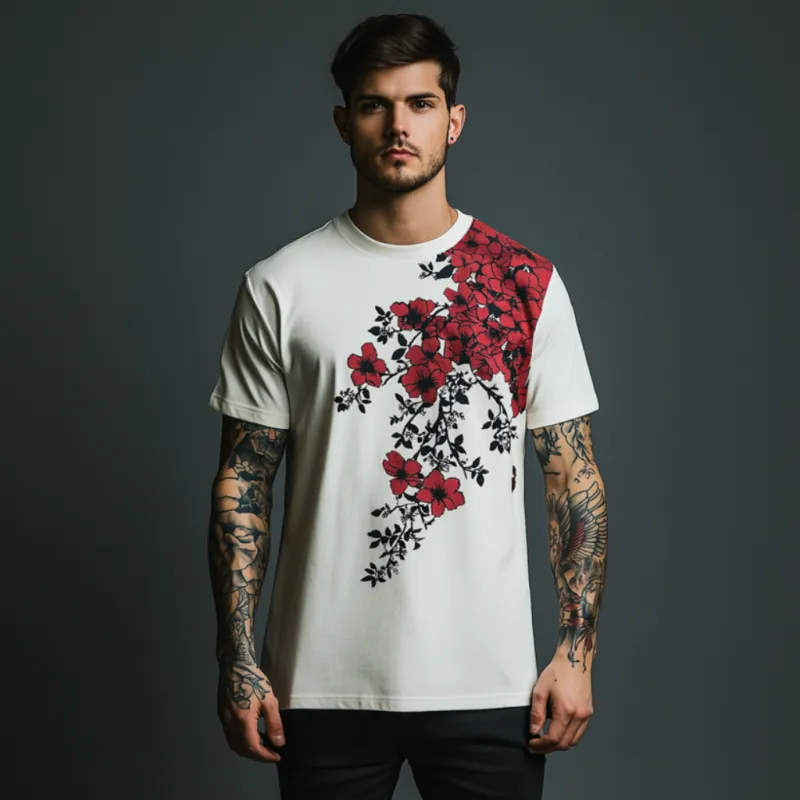 Men's Casual Contrast Color Floral Print Round Neck Slim Fit Short Sleeve T-shirt MTA1564E5M sold by Manly product image thumbnail 3