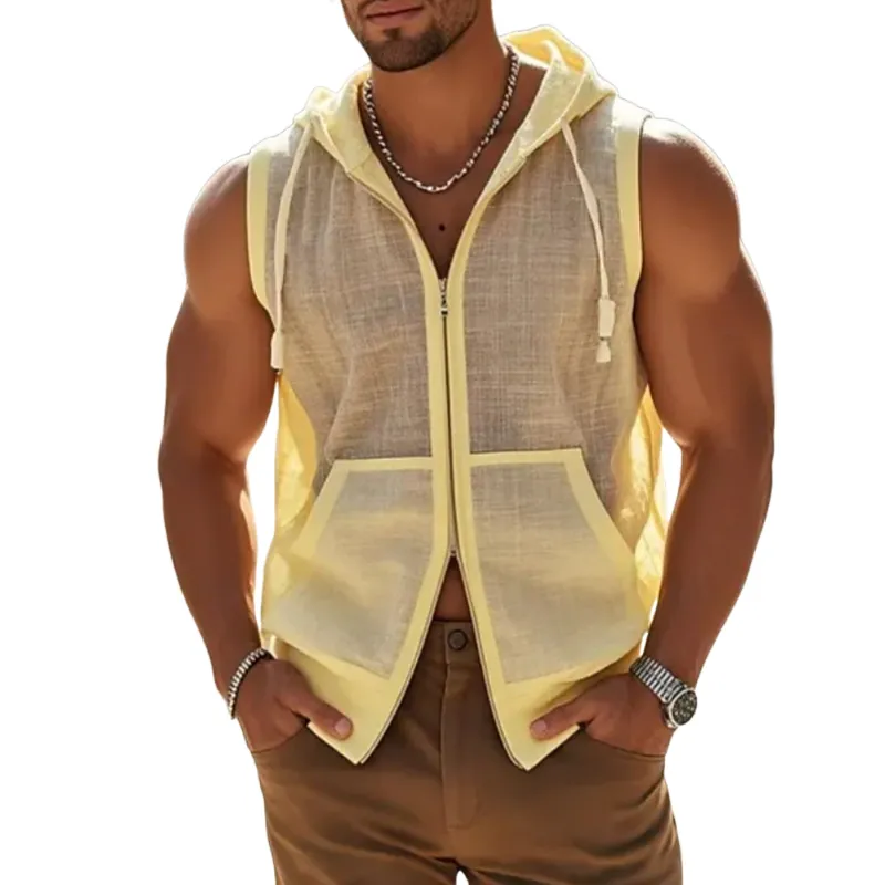 Men's Casual Breathable Light Linen Hooded Zipper Loose Tank Top MTA1445E2M sold by Manly