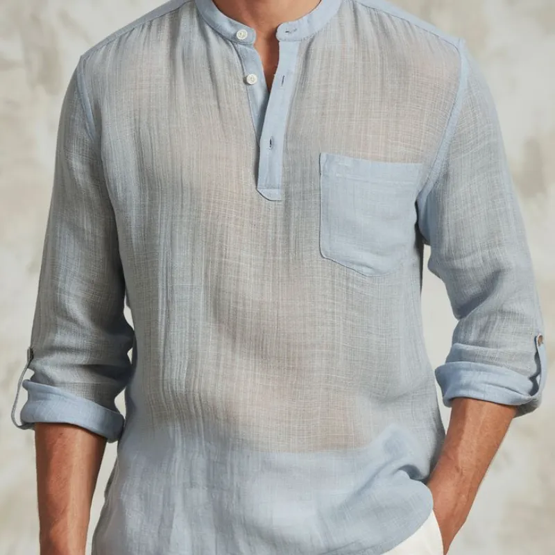 Men's Casual Breathable Lightweight Linen Button-up Stand Collar Patch Pocket Long Sleeve Shirt MTA1520E9M sold by Manly product image thumbnail 2