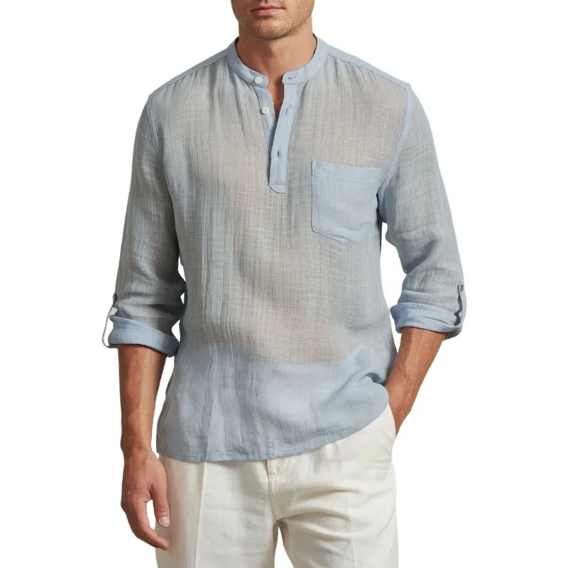 Men's Casual Breathable Lightweight Linen Button-up Stand Collar Patch Pocket Long Sleeve Shirt MTA1520E9M sold by Manly