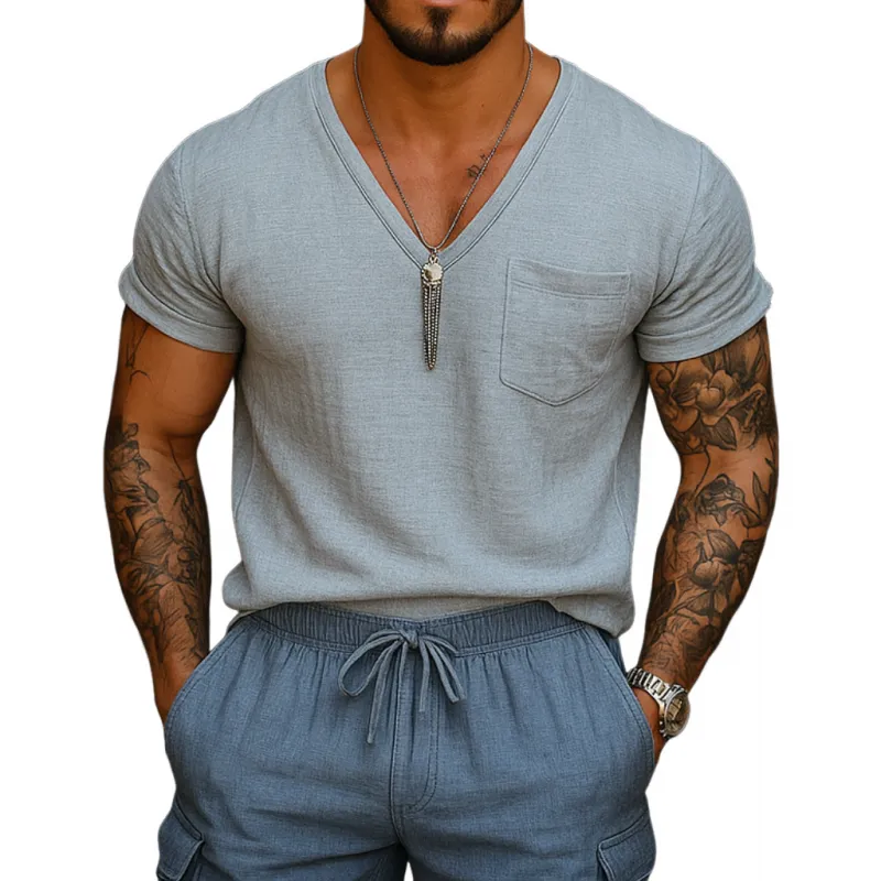 Men's Casual Breathable Cotton Linen V-neck Patch Pocket Loose Short-sleeved T-shirt MTA1588E0M sold by Manly