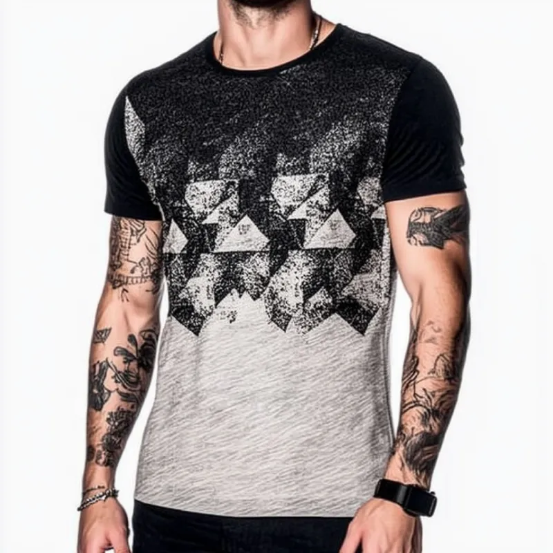 Men's Casual Contrast Gradient Geometric Print Round Neck Loose Short Sleeve T-shirt MTA1570E5M sold by Manly product image thumbnail 3