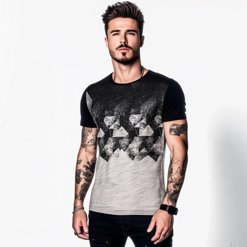 Men's Casual Contrast Gradient Geometric Print Round Neck Loose Short Sleeve T-shirt MTA1570E5M sold by Manly product image thumbnail 4