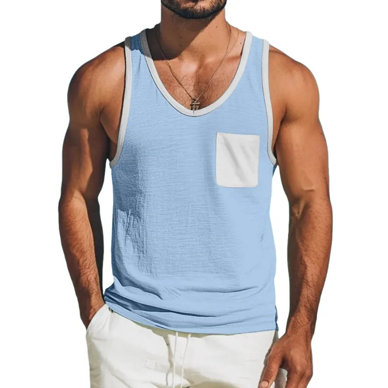 Men's Casual Cotton Linen Contrast Color U-Neck Patch Pocket Loose Tank Top MTA1488E9M sold by Manly product image thumbnail 3