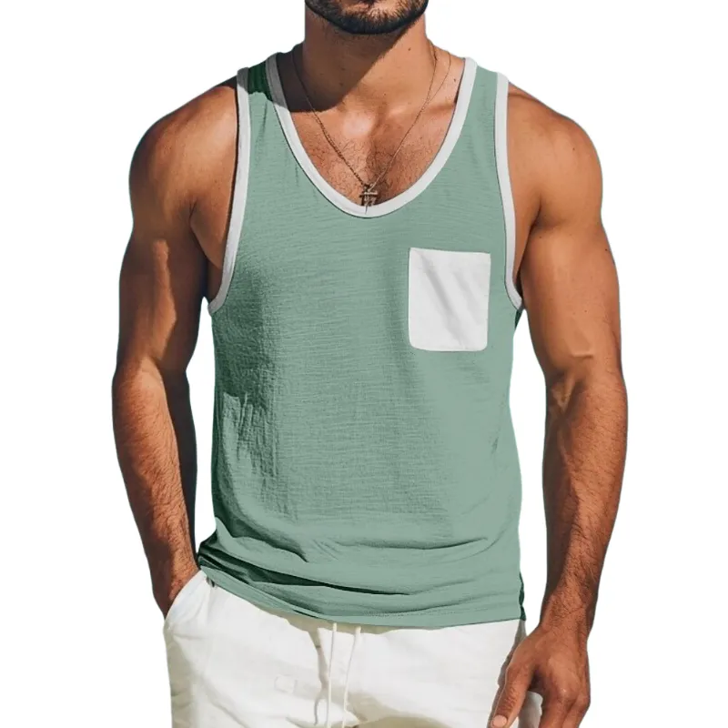 Men's Casual Cotton Linen Contrast Color U-Neck Patch Pocket Loose Tank Top MTA1488E9M sold by Manly product image thumbnail 4