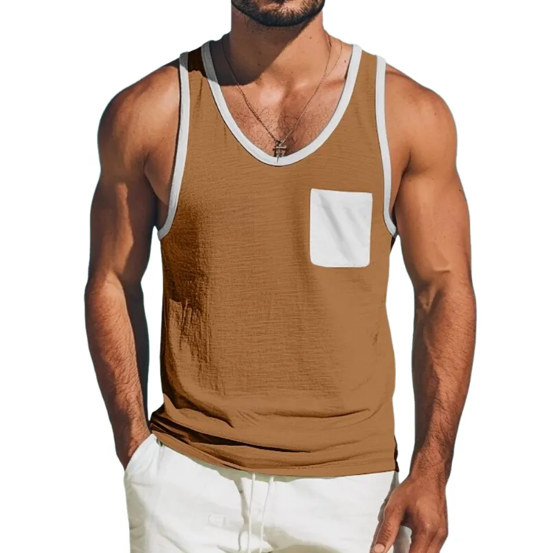 Men's Casual Cotton Linen Contrast Color U-Neck Patch Pocket Loose Tank Top MTA1488E9M sold by Manly product image thumbnail 2