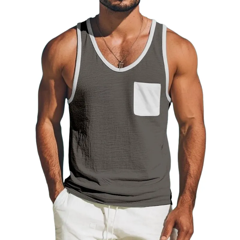 Men's Casual Cotton Linen Contrast Color U-Neck Patch Pocket Loose Tank Top MTA1488E9M sold by Manly