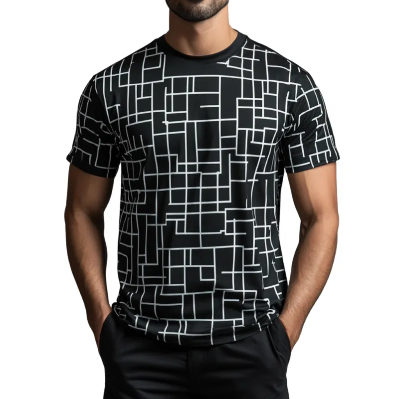 Men's Casual Contrast Color Geometric Full Print Round Neck Loose Short Sleeve T-shirt MTA1529E3M sold by Manly