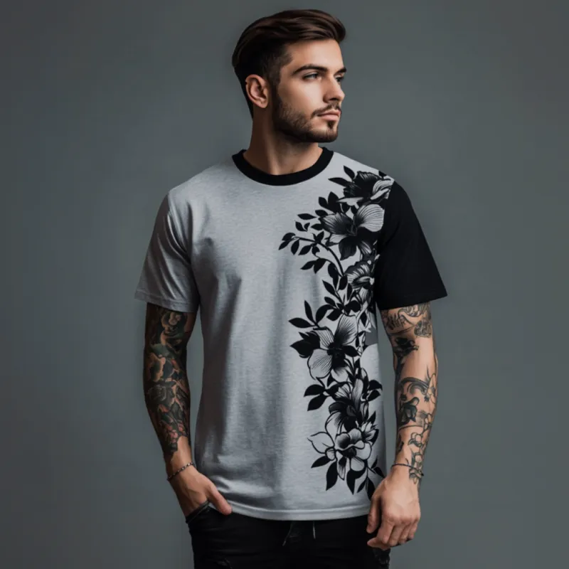 Men's Casual Contrast Color Flower Print Round Neck Loose Short Sleeve T-shirt MTA1596E9M sold by Manly product image thumbnail 3
