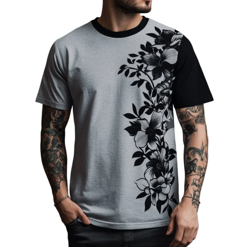 Men's Casual Contrast Color Flower Print Round Neck Loose Short Sleeve T-shirt MTA1596E9M sold by Manly