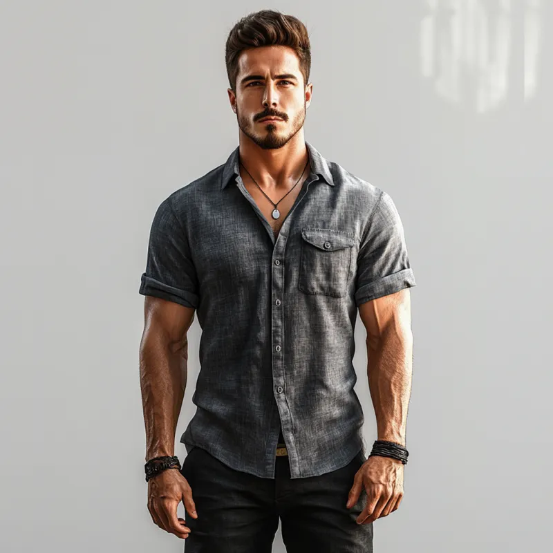 Men's Casual Breathable Linen Lapel Chest Pocket Slim Fit Short Sleeve Shirt MTA1529E4M sold by Manly product image thumbnail 4