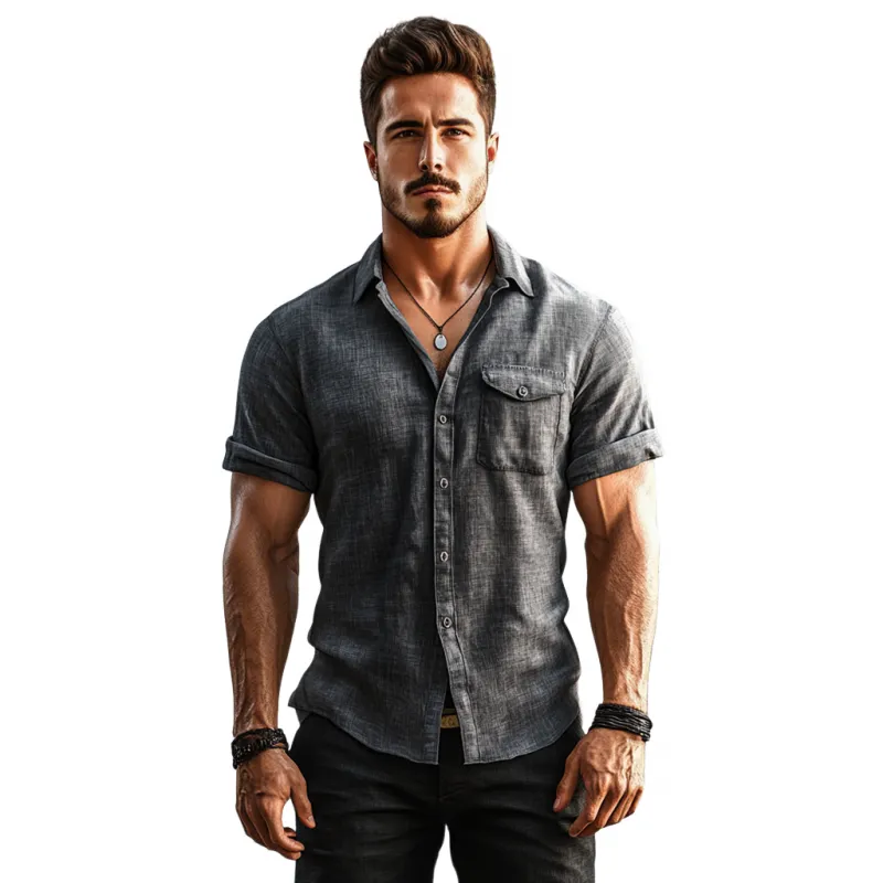 Men's Casual Breathable Linen Lapel Chest Pocket Slim Fit Short Sleeve Shirt MTA1529E4M sold by Manly product image thumbnail 2