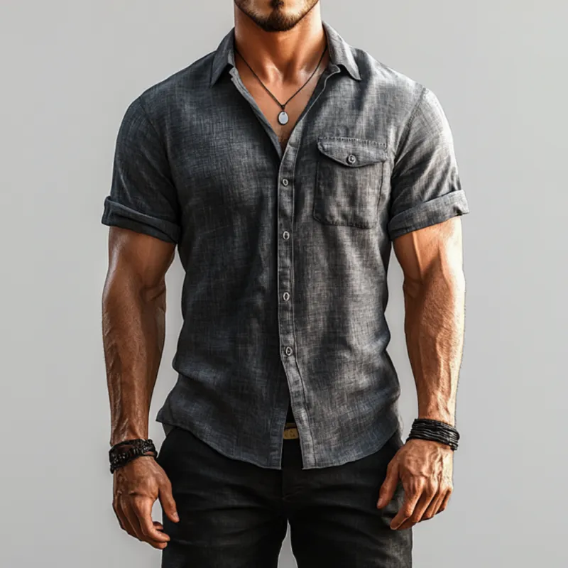 Men's Casual Breathable Linen Lapel Chest Pocket Slim Fit Short Sleeve Shirt MTA1529E4M sold by Manly product image thumbnail 3