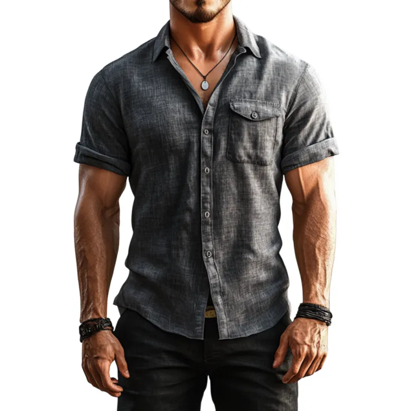 Men's Casual Breathable Linen Lapel Chest Pocket Slim Fit Short Sleeve Shirt MTA1529E4M sold by Manly