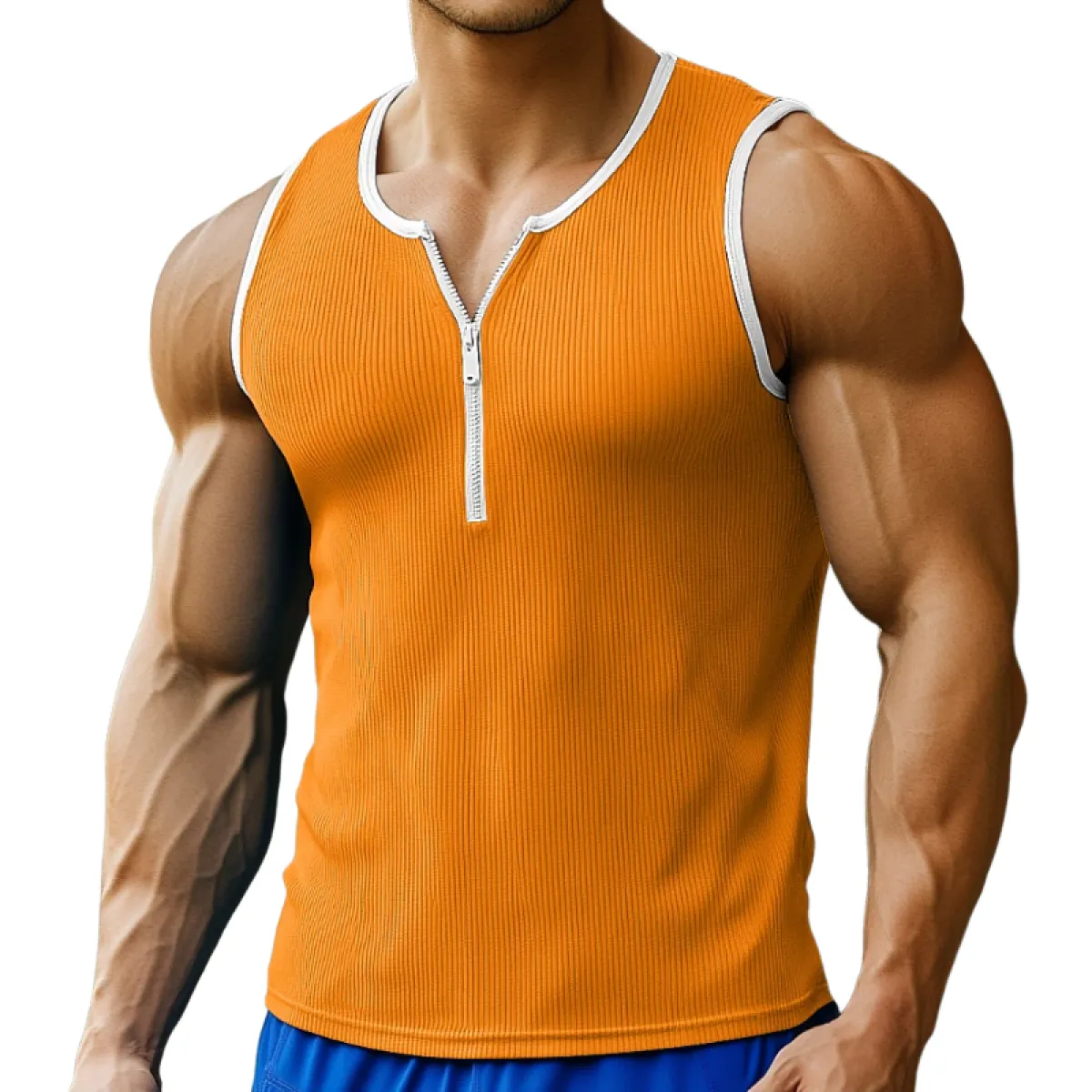 Men's Casual Cotton Blend Contrast Color Ribbed Zipper Neck Slim Fit Tank Top MTA1460E0M sold by Manly