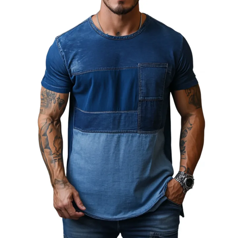 Men's Casual Washed Distressed Colorblock Patchwork Round Neck Loose Denim Short-sleeved T-shirt MTA1538E8M sold by Manly