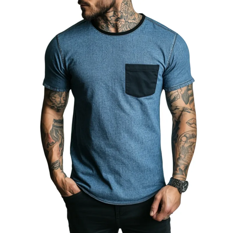 Men's Casual Washed Distressed Round Neck Patch Pocket Slim Fit Contrast Color Denim Short-sleeved T-shirt MTA1538E7M sold by Manly