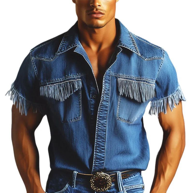 Men's Summer Western Cowboy Style Tassel Denim Short Sleeve Shirt MTA1430E9U sold by Manly