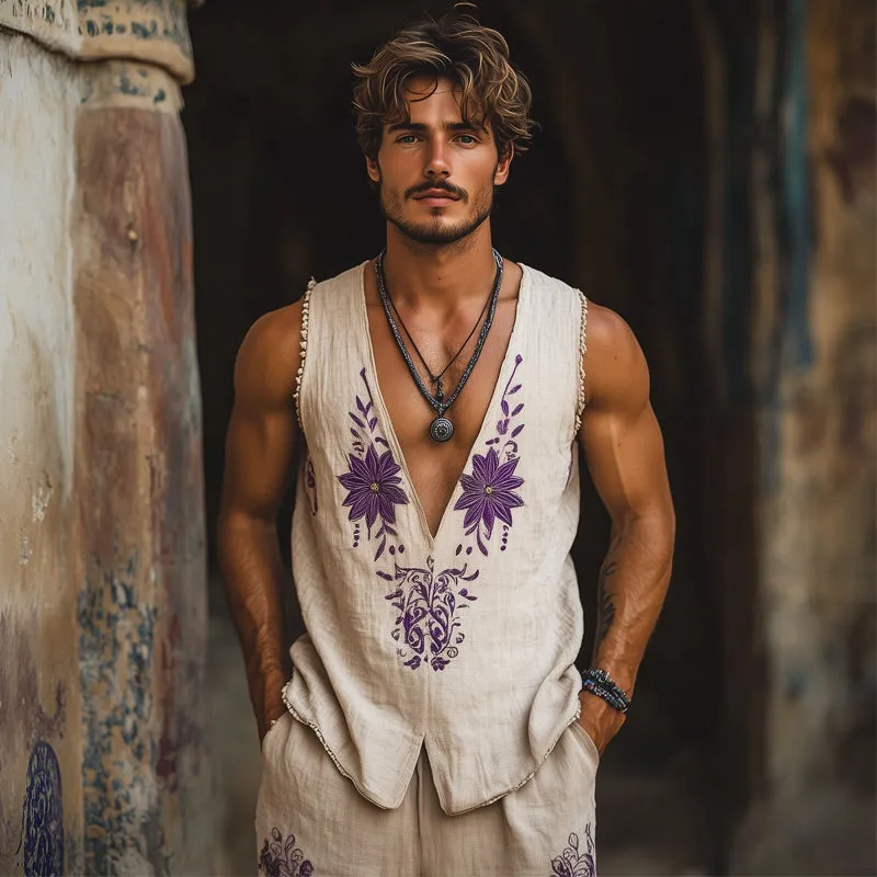 Men's Summer Deep V-Neck Retro Purple Embroidered Cotton And Linen Tank Top MTA1529E9U sold by Manly product image thumbnail 3