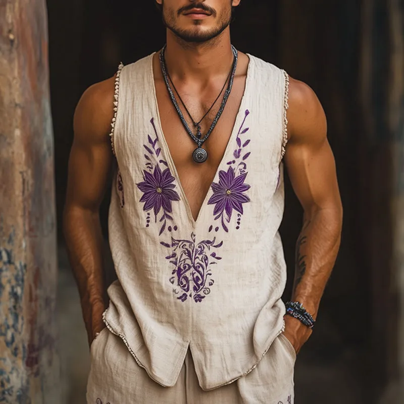 Men's Summer Deep V-Neck Retro Purple Embroidered Cotton And Linen Tank Top MTA1529E9U sold by Manly product image thumbnail 2
