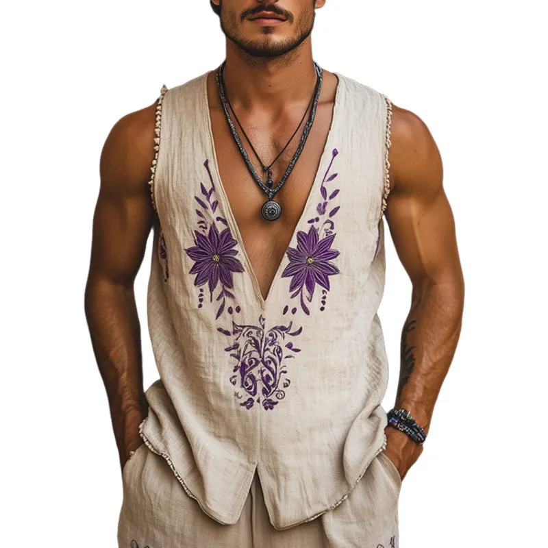 Men's Summer Deep V-Neck Retro Purple Embroidered Cotton And Linen Tank Top MTA1529E9U sold by Manly