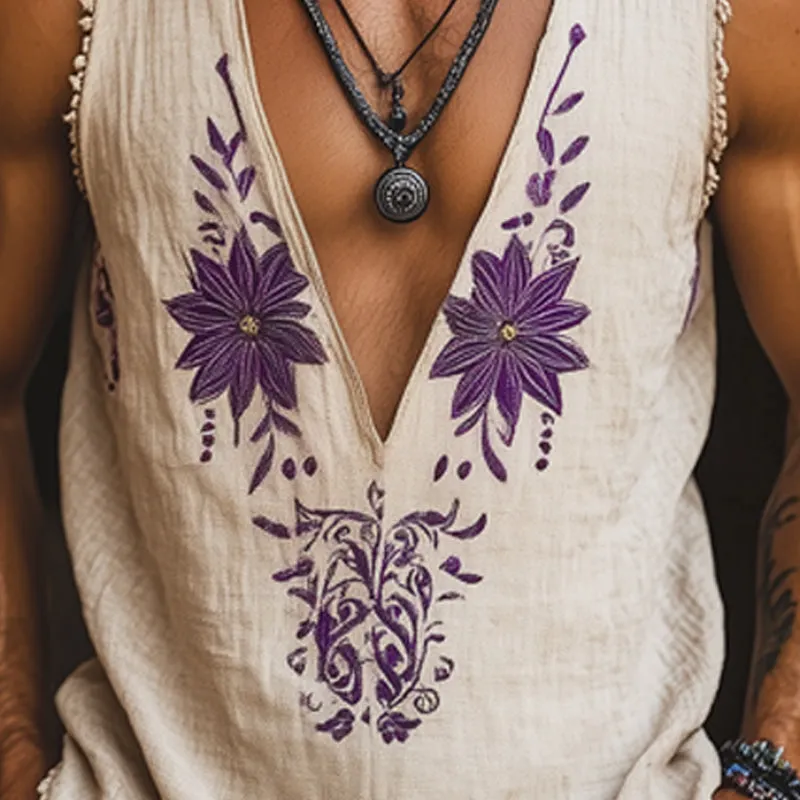 Men's Summer Deep V-Neck Retro Purple Embroidered Cotton And Linen Tank Top MTA1529E9U sold by Manly product image thumbnail 4