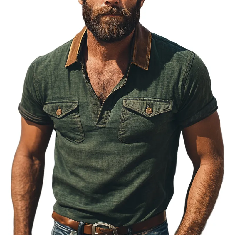 Men's Summer Cotton And Linen Leather Collar Splicing Short Sleeve T-Shirt MTA1583E8U sold by Manly