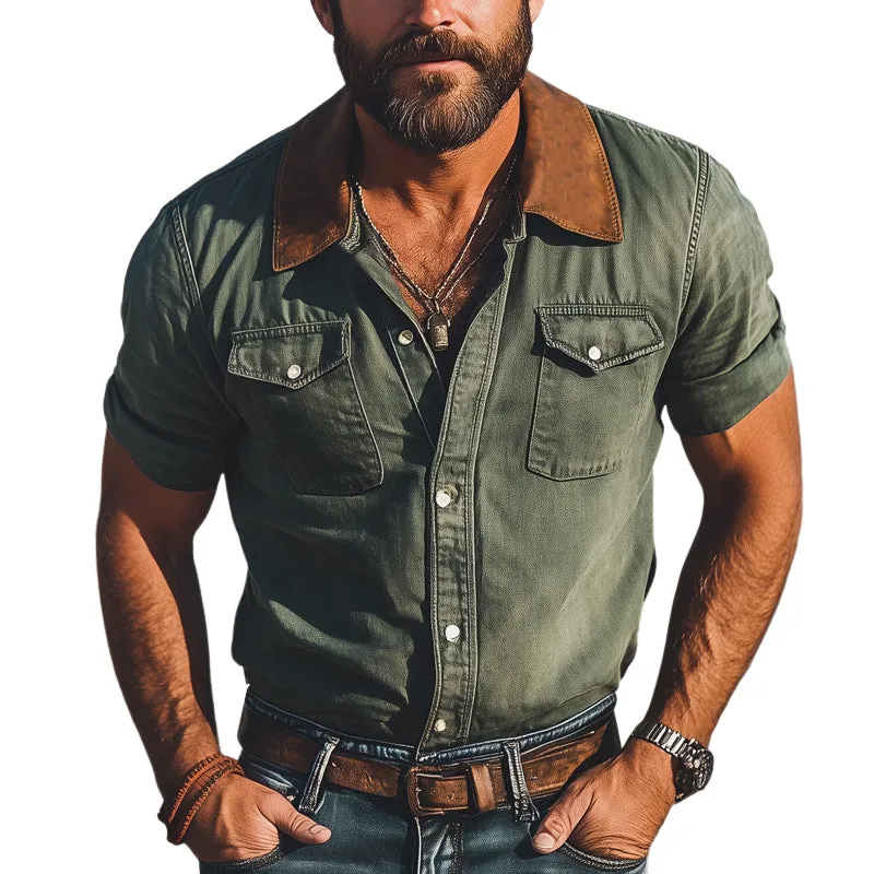 Men's Summer Western Cowboy Style Colorblock Denim Short-Sleeved Shirt MTA1563E0U sold by Manly