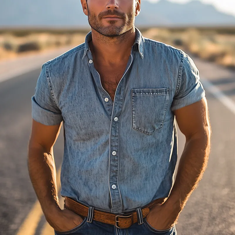 Men's Summer Western Cowboy Style Denim Short-Sleeved Shirt MTA1534E3U sold by Manly product image thumbnail 2