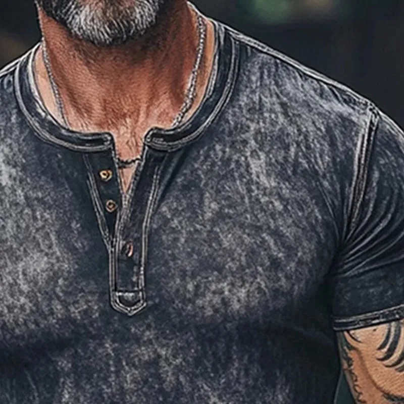 Men's Vintage Print Henley Short Sleeve T-Shirt MTA1610E7X sold by Manly product image thumbnail 3