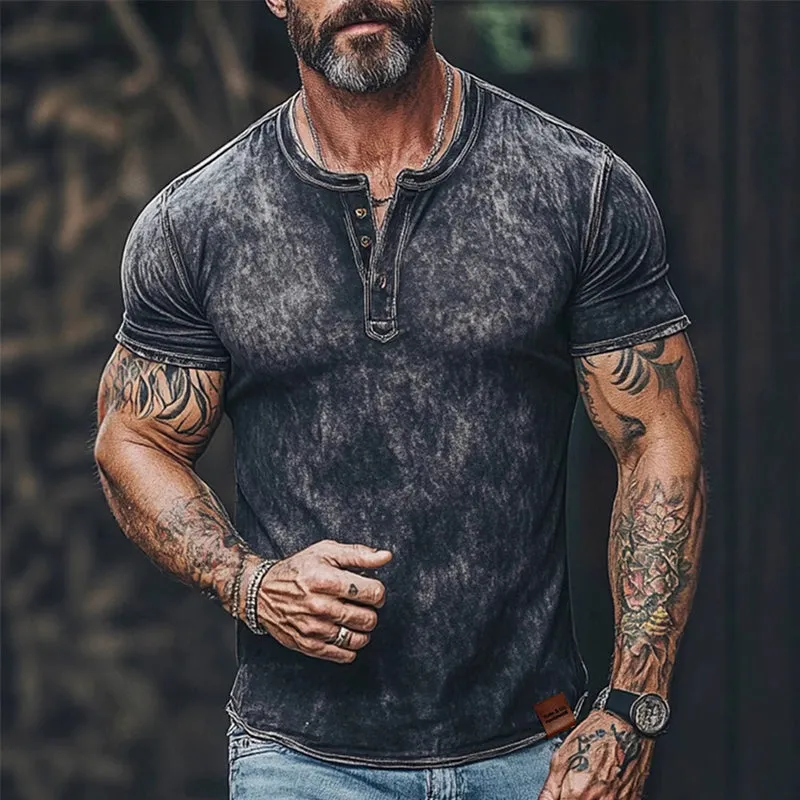 Men's Vintage Print Henley Short Sleeve T-Shirt MTA1610E7X sold by Manly product image thumbnail 2