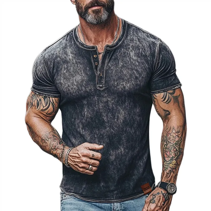 Men's Vintage Print Henley Short Sleeve T-Shirt MTA1610E7X sold by Manly