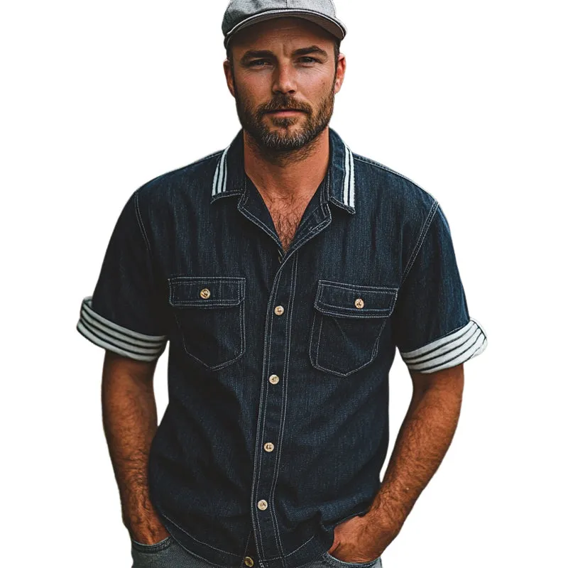 Men's Vintage Washed Denim Lapel Short Sleeve Shirt MTA1588E6X sold by Manly