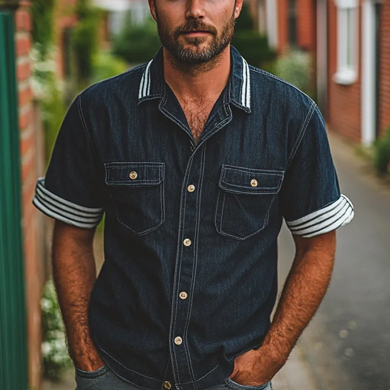 Men's Vintage Washed Denim Lapel Short Sleeve Shirt MTA1588E6X sold by Manly product image thumbnail 4