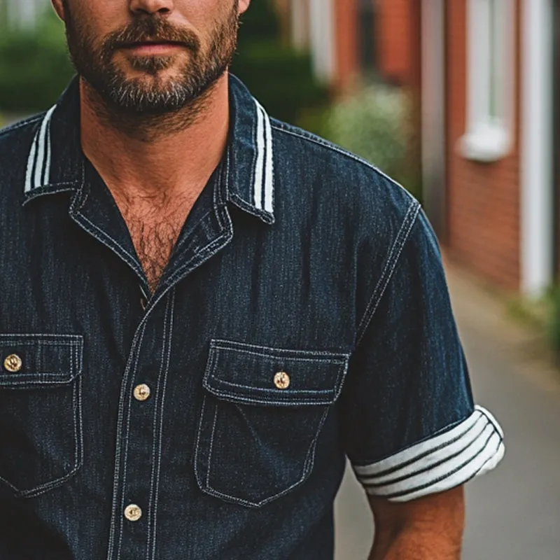 Men's Vintage Washed Denim Lapel Short Sleeve Shirt MTA1588E6X sold by Manly product image thumbnail 2