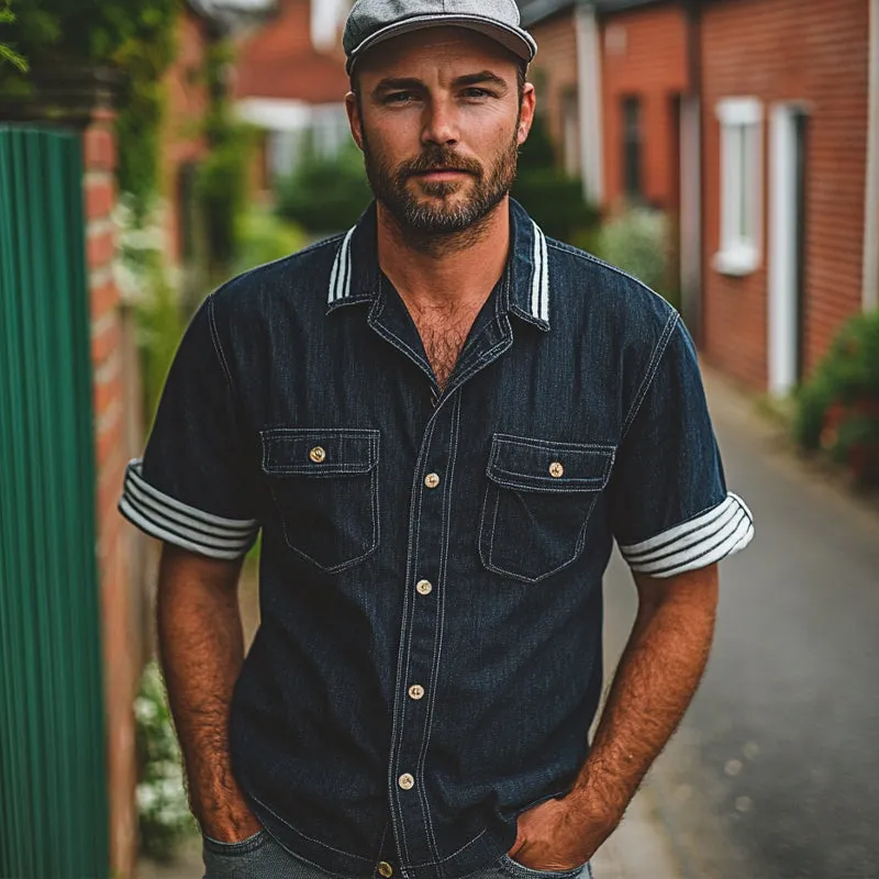 Men's Vintage Washed Denim Lapel Short Sleeve Shirt MTA1588E6X sold by Manly product image thumbnail 3