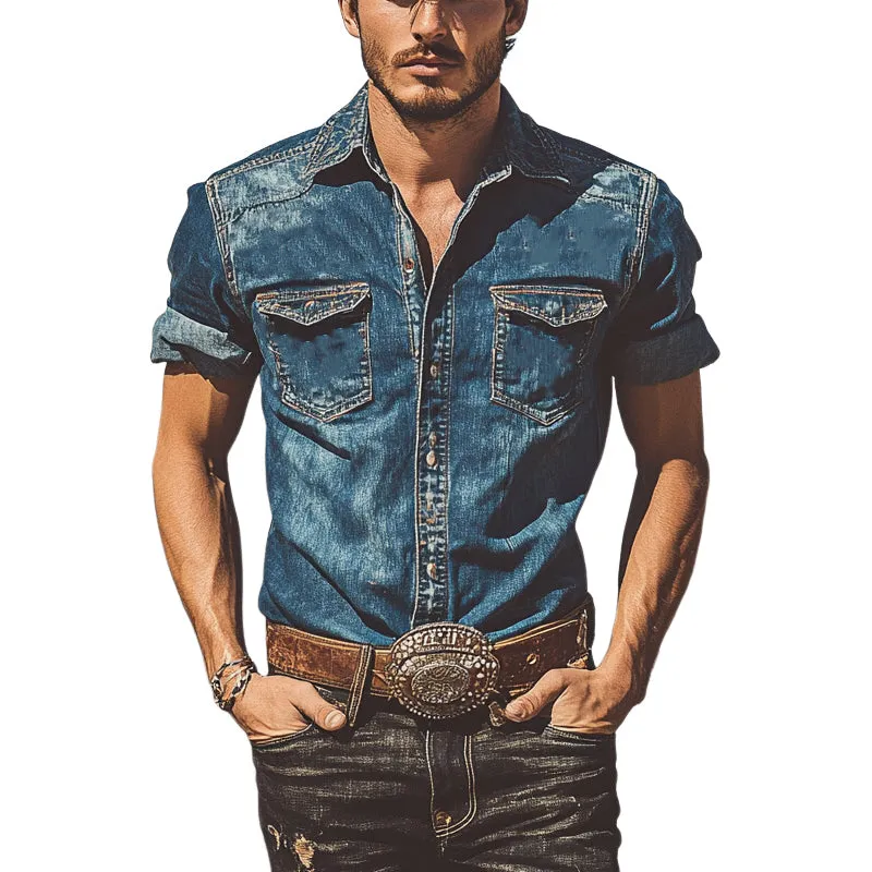 Men's Vintage Washed Short Sleeve Pocket Denim Shirt MTA1550E4X sold by Manly