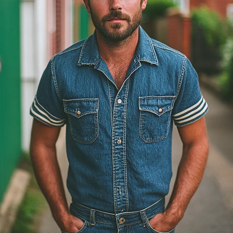 Men's Vintage Washed Short Sleeve Printed Denim Shirt MTA1560E7X sold by Manly product image thumbnail 2