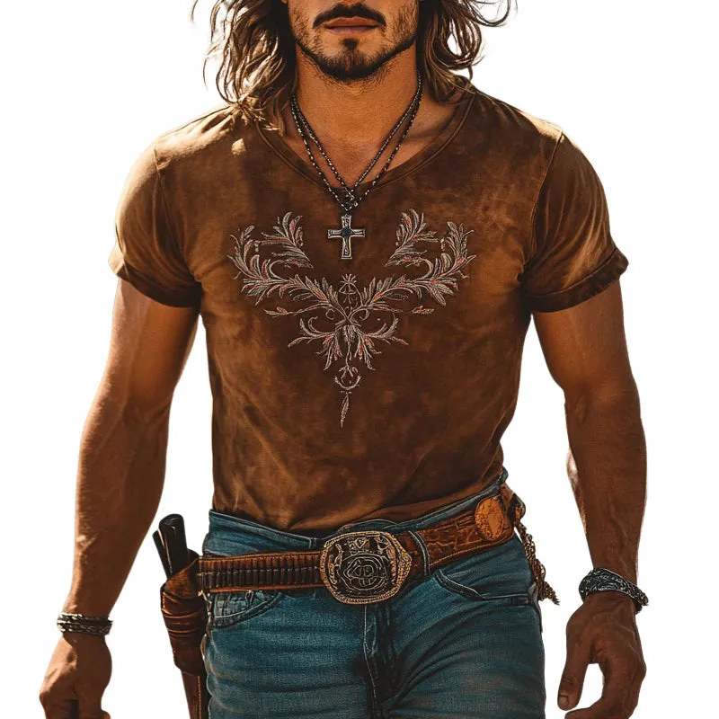 Men's Western Cowboy Embroidered Short Sleeve Crew Neck T-Shirt MTA1307E2X sold by Manly