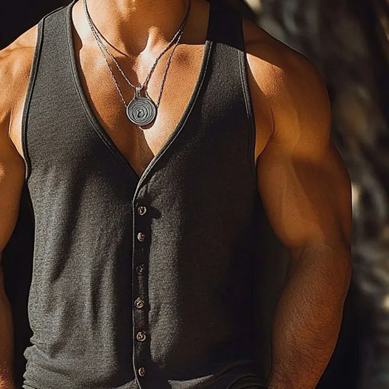 Men's Solid Color Cotton And Linen Blend V-Neck Tank Tops MTA0879E2X sold by Manly product image thumbnail 3