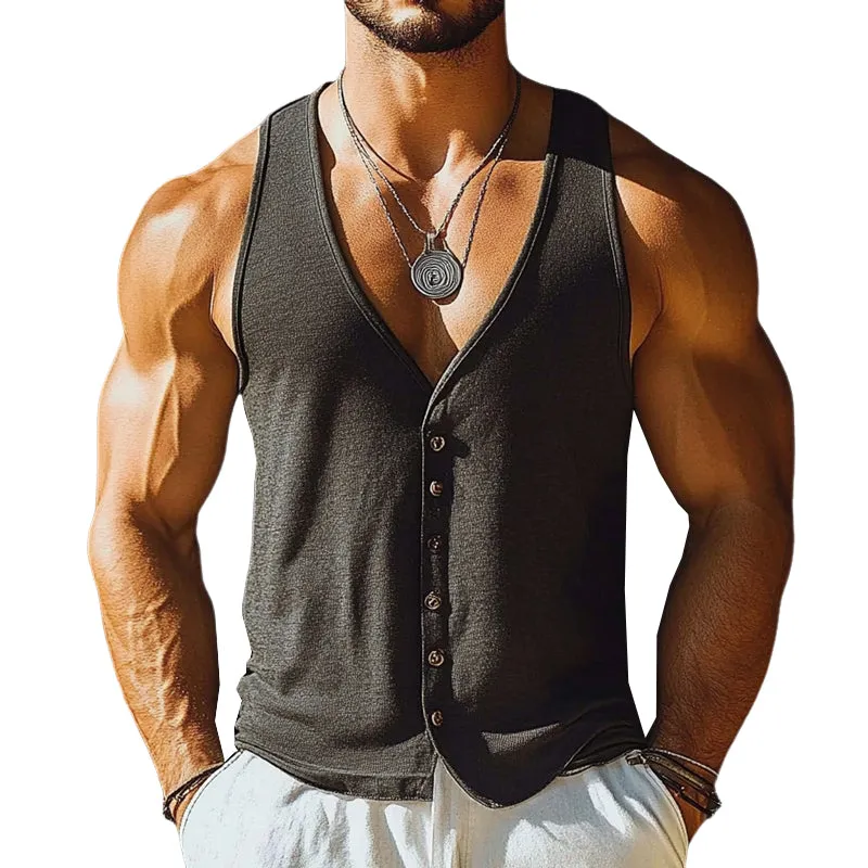 Men's Solid Color Cotton And Linen Blend V-Neck Tank Tops MTA0879E2X sold by Manly